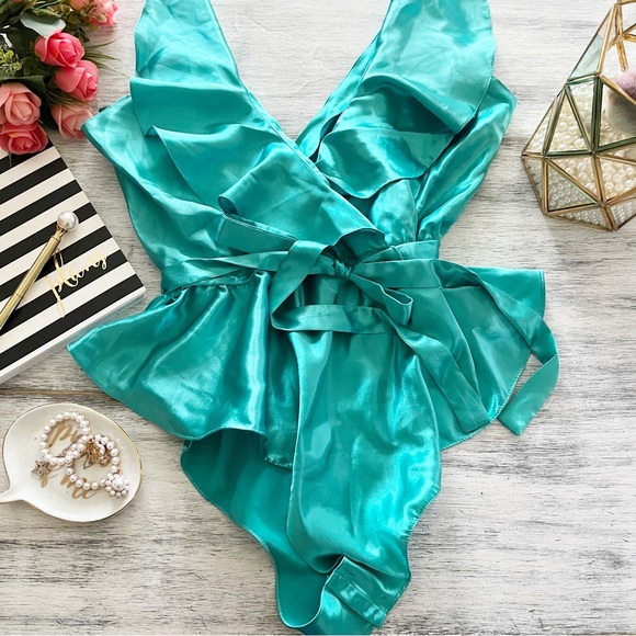 Vintage Victoria's Secret teal satin ruffle cinched waist bodysuit size medium - Picture 2 of 16
